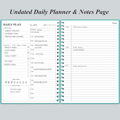 Daily Planner Undated - B5 To Do List Notebook Hourly Schedules, Spiral Appointment Planner for Women and Men, PVC Hardcover, Inner Pocket, Elastic Closure, 7" x 10", Teal