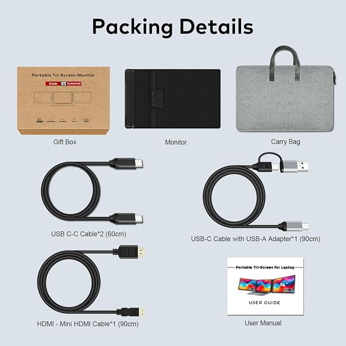 14" Laptop Screen Extender, FHD 1200P IPS Dual/Triple Portable Monitor for Laptop, 360° Flip Left Screen, USB-C/HDMI Plug & Play, Multi Travel Computer Monitor Display for 12-17.3" Win/Mac -S7C
