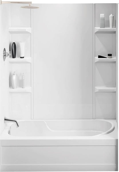 White Polystyrene Tub Wall Surround 32"x 60"x 58" - Waterproof, Easy-to-Install, Two Shelf Units Kit Included - Bathtub Wall Surround Panels - Plain Pattern, Basic Shelves - Noah William Home