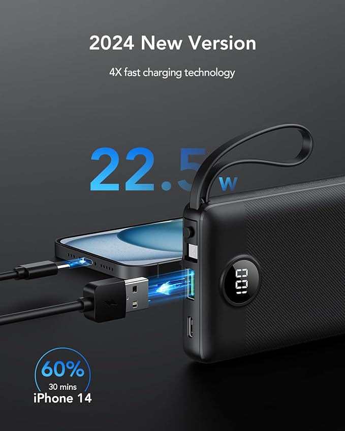 VRURC Portable Charger, 22.5W Slim Power Bank Fast Charging, 10000mAh USB C Portable Phone Charger, Compact Travel Battery Pack with Built-in Cables for iPhone 16 15 14 13, Samsung-Black(1 Pack)
