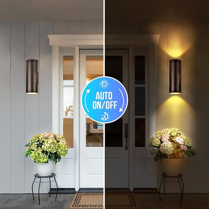 wowlite Modern Outdoor Wall Light with Dusk to Dawn Sensor 2 Pack, LED Cylinder Up Down Wall Light Outdoor 2700K Warm Light Bronze Exterior Light Fixture, IP65 Waterproof Wall Sconce for Porch Garage