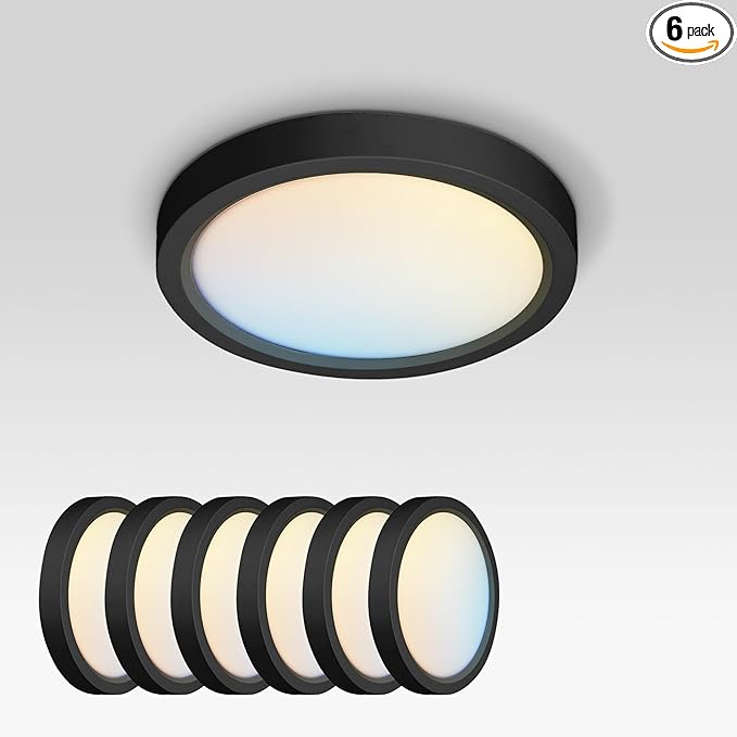 ASD LED 5" Round Flush Mount Ceiling Light Fixture, Low Profile Surface Lighting | 5CCT, Dimmable, Ultra-Thin, ETL Listed | 10W 700LM 2700-6000K 120V | Kitchen, Bedroom, Hallway Lamp | Black, 6 Pack