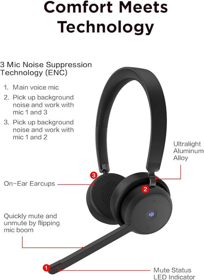 Lenovo Wireless VoIP Headset Teams Certified, Noise-Canceling Mic, Bluetooth 5.3 Multipoint, USB-A Receiver, 31-Hour Talk & 60-Hour Playback, Lightweight Over-Ear Design, Replaceable Earcups
