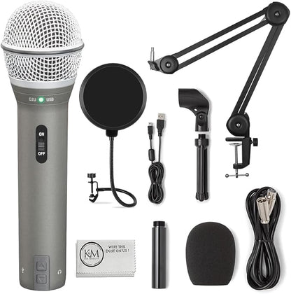 SAMSON Q2U Recording & Podcasting Pack | Gray Bundled with Pop Filter + Mic Arm + Microfiber Cleaning Cloth (4 Items)