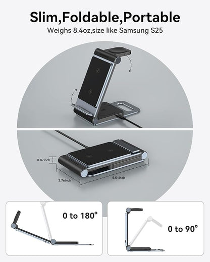 Wireless Charger for Samsung 3 in 1 Wireless Charging Station Foldable Wireless Charger Stand for Samsung S25 Ultra S24 S23 S22 Z Flip Z Fold 7 6 5 4 3 for Galaxy Watch 8/7/6/5/4/ Galaxy Buds