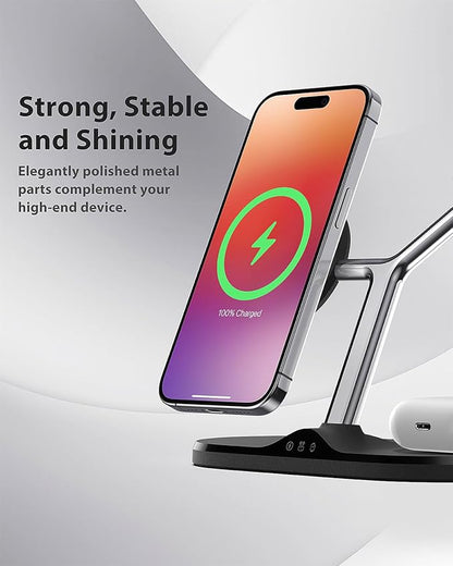 3-in-1 Wireless Charging Station for Apple Devices - Fast Charging Station for iPhone and Watch with MagSafe, Stable Charger Stand for iPhone 12-15 & iPhone 16 & iWatch & AirPods, Adapter Not Included