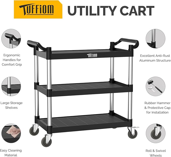 TUFFIOM Plastic Service Utility Cart with Wheels,Heavy Duty 450lbs Capacity, 3-Tier Commercial Rolling, Ideal for Restaurant, Foodservice, Office, Warehouse, Black 40.4''L x 19.7''W x 38.6''H