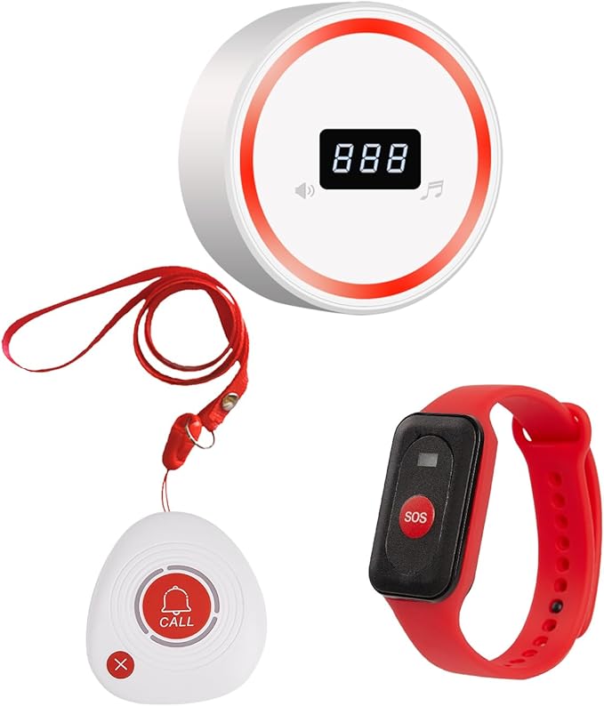Wireless Caregiver Pager Call Button Emergency Calling System 328 Feet 1 Call Button/1 Watch Button/1 Receiver Nurse Alert System for Elderly Patient Disabled (1 Red H1+1 3DB+M2)