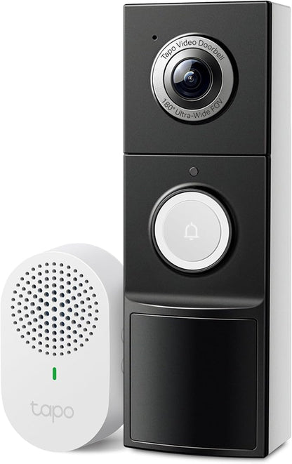 Tapo by TP-Link Smart Video Doorbell Camera with Chime, Battery or Wired, 2K QHD Color Night Vison, No Monthly Fee, 180° Ultra-Wide Head-to-Toe View, Ring Call, Free AI Detection, Local Storage (D225)