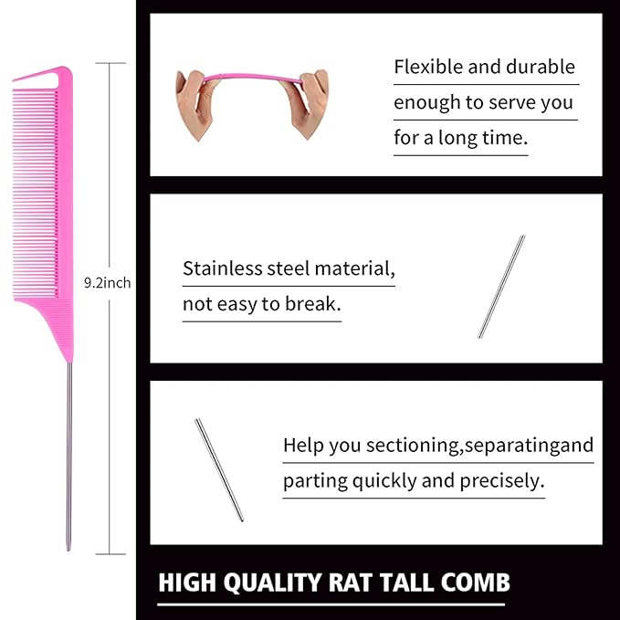 3 Pieces Hair Styling Comb Set Teasing Brush Rat Tail Comb Edge Brush for Edge&Back Brushing, Combing, Slicking Hair for Women (Pink)