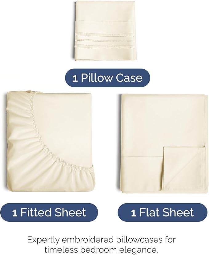 Twin Size 3 Piece Sheet Set - Comfy Breathable & Cooling Bed Sheets Set - Hotel Luxury Bedding for Women, Men, Kids, Teens, Boys & Girls - Deep Pockets, Ultra-Soft, Wrinkle Free - Oeko-Tex - Off White
