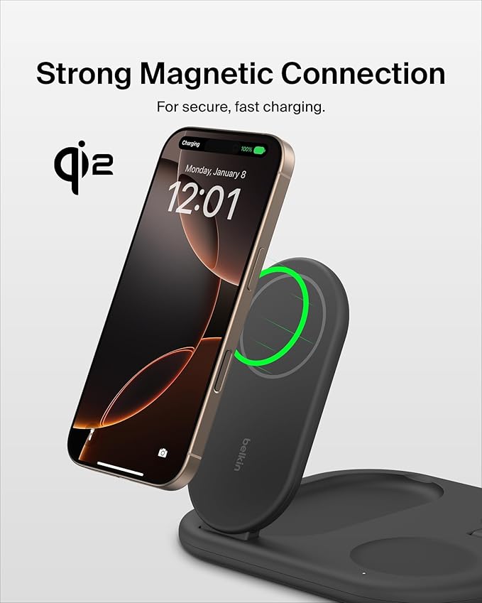 Belkin 3-in-1 MagSafe-Compatible iPhone Charger - Foldable Magnetic Qi2 Certified, MagSafe Charging Station for Phone, Apple Watch, AirPods - Wireless for Multiple Devices