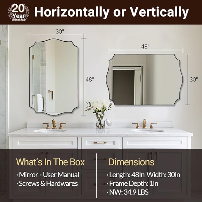 ANDY STAR 30x48 Inch Matte Black Mirror, Unique Rectangular Bathroom Mirror, Black Mirror in Premium Stainless Steel Metal Thin Frame Deep 1’’, Large Decorative Mirror for Bathroom, Entryway, Mantel