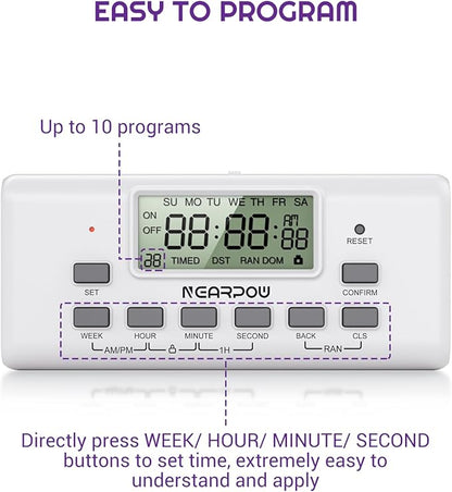[2 Pack] NEARPOW Digital Timer For Lamp With Dual Outlets, Programmable Timer In Door, Outlet Timer For Lights,10 On/Off Programs, 24-Hour And 7-Day Programmable Electric Plug Timer,3 Prong, 15A/1875W