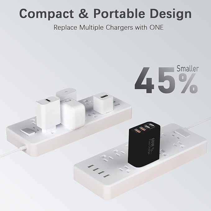 60W USB C Charger Block,2Pack 4-Port GaN USB C Charger Fast Charging Wall Plug Dual Type C+Dual USB-A Port,Multiport Power Adapter Cube for iPhone 17 Pro Max/16e/15/14/13/12/11,iPad Pro/Air/Mini-Black