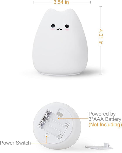 LED Cat Night Light, Battery Powered Night Light for Kids, Silicone Multicolor Cute Lamp with Warm White and 7-Color Breathing Mode, Christmas Gifts for Kids, Baby, Children, Lady (Cute Cat)