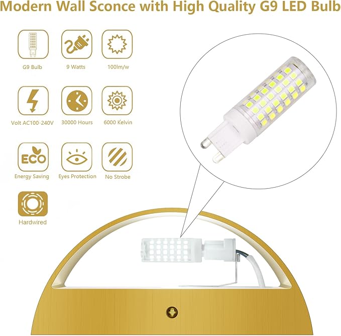 Aipsun Brushed Brass Wall Sconce Indoor Wall Lights Hardwired 1 Pack Up and Down Wall Mount Light for Living Room Bedroom Hallway Corridor Conservatory Cool White 6000K(with G9 Bulbs)