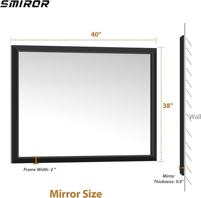 SMIROR Matte Black Bathroom Mirror for Over Sink 40x 38 inch, Metal Thick Frame Rectangle Vanity Mirror for Wall, Anti-Rust, Horizontally or Vertically Mounted
