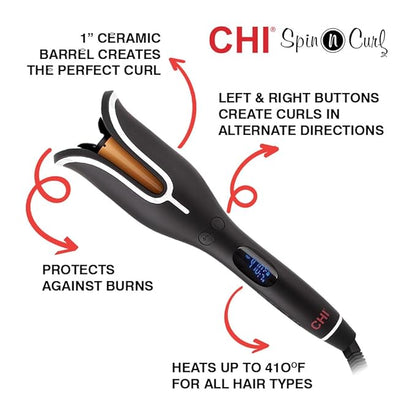 CHI Spin N Curl, Curling Iron For Healthy & Shiny Effortless Curls & Waves, Provides Preset Temperature Settings For Each Hair Texture, Onyx Black