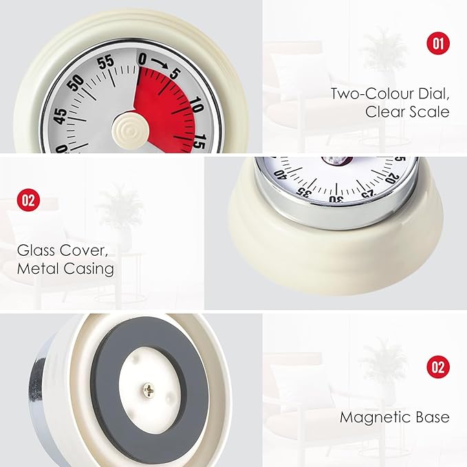 Visual Timer, Teeloray 60-Minute Countdown Timer, Kitchen Timer with Magnetic Base, Mechanical Clockwork, Ringer Alert, Time Management Tool for Children and Adults, Study/Work/Cooking (White)