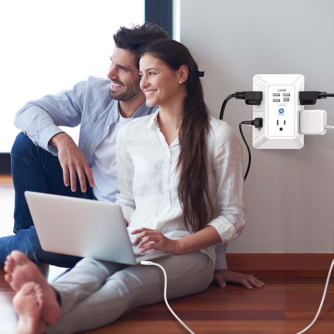 5 Outlet Extender Multi Plug Wall Outlets with 4 USB Charging Ports (1 USB C Outlet), 3 Sided 1680J Surge Protector Power Strip USB Wall Charger for Home, Office, Travel, ETL Listed, White