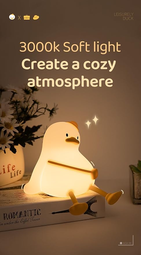 ATSUI Duck Night Light, Cute LED Squishy Novelty Animal Night Lamp, Food Grade Silicone, 3 Level Dimmable Rechargeable Nursery Nightlight for Breastfeeding Toddler Baby Kids, Cute Gifts for Kids