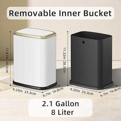 8L/2.1 Gallon Small Bathroom Trash Can with Lid, Swing-Top Rectangular Waste Bin, Stainless Steel Garbage Can for Home, Office, Toilet, Bedroom, Living-Room (White)