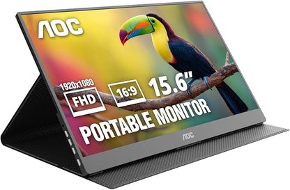 AOC 16T20 Portable Monitor 15.6" FHD 1080p IPS Display, USB-C Portable Laptop Screen, Mini HDMI, Built-in Speakers, Travel Monitor with Smart Cover, Compatible with Laptops, MacBook, PS5, Xbox