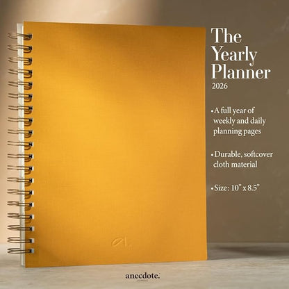 Anecdote 2026 Planner (8.5" x 10") Daily Planner Weekly Monthly Planner - 52 Weeks w/Library Buckram Cover, Brass Spiral - A4 Size Bleed-Resistant Paper – Mustard