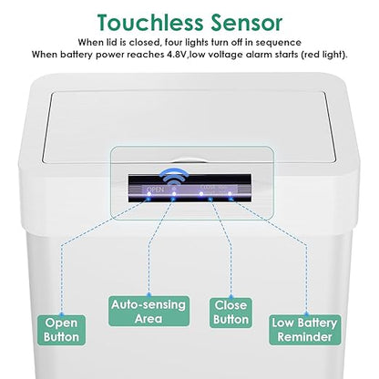 Arlopu Automatic Trash Can,Sensor Motion Stainless Steel Garbage Bin, Touchless Smart Waste Bin, W/Stay-Open, Soft Close Lid, Display Light for Kithchen, Living Room, Office (White, 18.5gal)