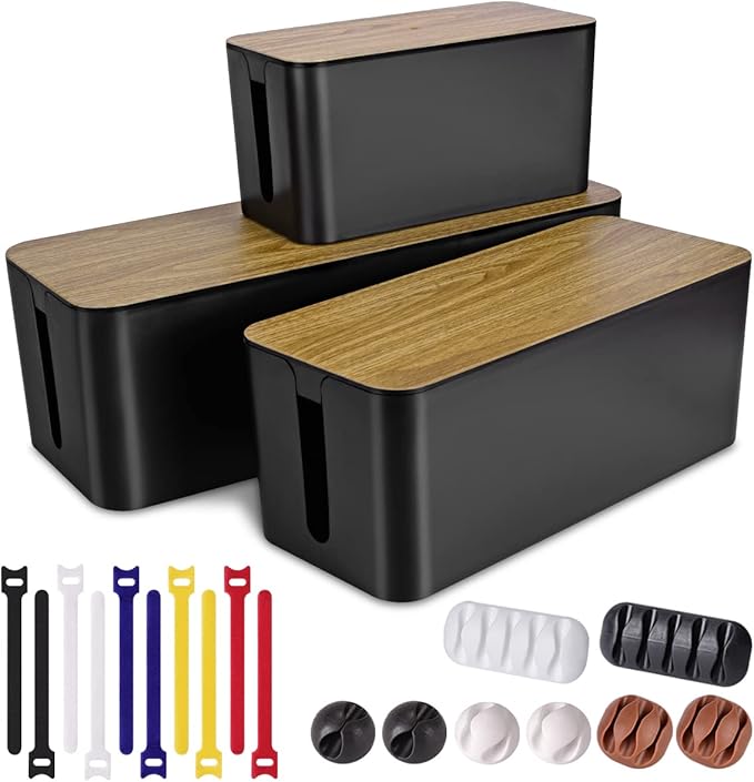 3 Pack Cable Management Box with 18 PCS Cable Management Set - Large & Medium & Small Wooden Grain Cable Organizer Box to Hide Wires & Power Strips | TV Cord Organizer Box | for Home & Office(Black)