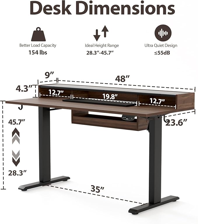 Agilestic Glass Standing Desk with Storage, 48 Inch Electric Adjustable Desk with Glass Shelf and Cable Management, Sit Stand Up Home Office Computer Table, Splice Board, Dark Walnut