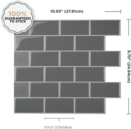 SMART TILES Peel and Stick Backsplash - 10 Sheets of 10.95" x 9.70" - 3D Adhesive Peel and Stick Tile Backsplash for Kitchen, Bathroom, Wall Tile, Subway Grigio