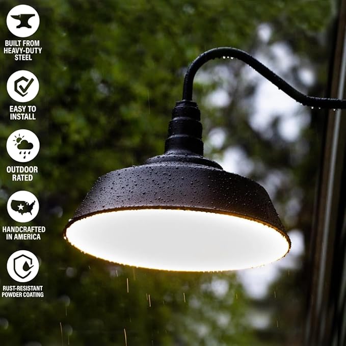 Steel Lighting Co. Large Outdoor Barn Light | Gooseneck Light Fixture | Made in America from 18-Gauge Steel | 20" Dome | 16" Gooseneck Matte Black Exterior/White Interior