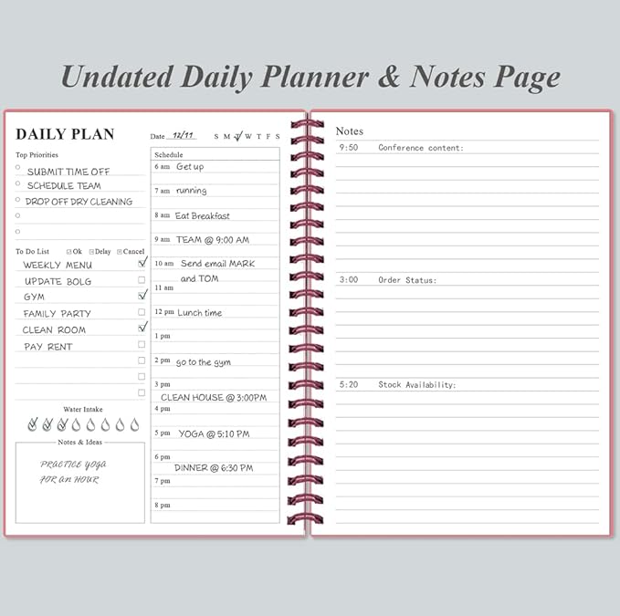 Daily Planner Undated - A5 To Do List Notebook Hourly Schedules, Spiral Appointment Planner for Women and Men, PVC Hardcover, Inner Pocket, Elastic Closure, 5.8" x 8.3", Pink