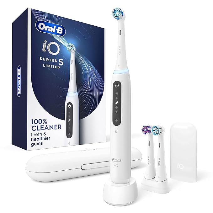 Oral-B iO Deep Clean + Whiten Rechargeable Electric Toothbrush with Visible Pressure Sensor, 2 Minute Timer, 5 Cleaning Settings, 1 iO5 Limited, 3 Toothbrush Heads, Travel Case & Refill Holder, White