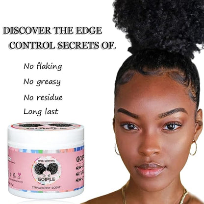 Goiple Edge Control Wax for Women Strong Hold Non-greasy Edge Smoother Strawberry Scent (4oz Edge Control Wax + Edge Brushes*2 + Pink Elastic Bands*2)
