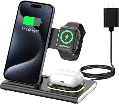 3 in 1 Charging Station for iPhone 17 - Wireless Charger for Apple Devices for iPhone 17 16 15 14 13 12 11 Pro Max - Foldable Wireless Charging Station Dock Stand for Apple Watch Series & AirPods