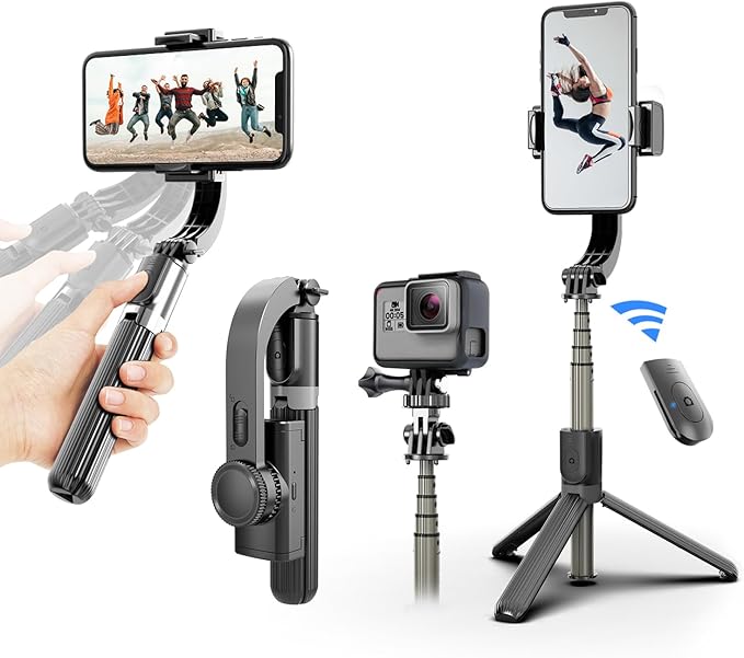 Gimbal Stabilizer for Smartphone ，with Retractable Selfie Stick and Tripod，1-Axis Multifunction Remote 360°Automatic Rotation， Auto Balance for iPhone/Android