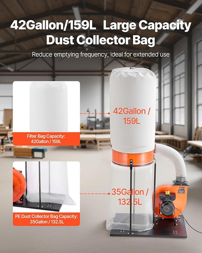 VEVOR Dust Collector, 1100 CFM 2.5 Micron Vortex Cone Dust Collectors, 1.5HP Sawdust Collection System with 35-Gallon Dusts Collector Bag & 42-Gallon Filter Bag, 3400 RPM High Speed, for Woodworking