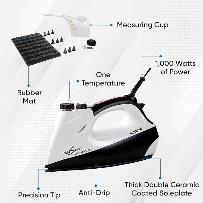 Eurosteam Next Generation Iron - Powerful Steam with Built-in Boiler - No Temperature Setting for All Fabrics - Experience Professional-Quality Ironing to cut your time in half.