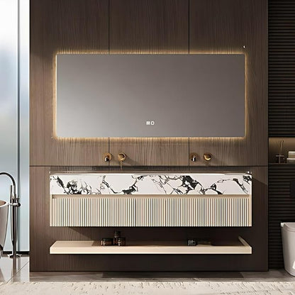 Fashionable Bathroom Vanity with Sink, Smart One-Click Defogging & LED Light, Bathroom Sink and Cabinet with Wave Striped Panel, Rockslab Countertop (Mirror, 64IN)