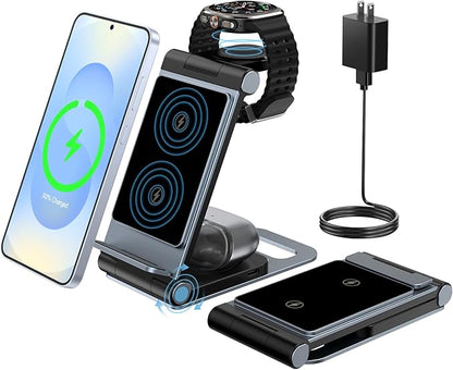 Wireless Charger for Samsung 3 in 1 Wireless Charging Station Foldable Wireless Charger Stand for Samsung S25 Ultra S24 S23 S22 Z Flip Z Fold 7 6 5 4 3 for Galaxy Watch 8/7/6/5/4/ Galaxy Buds