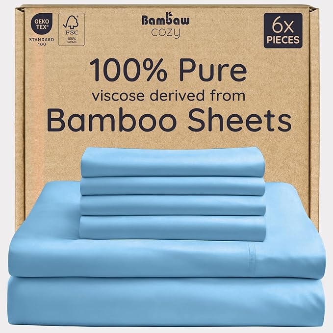 Bambaw 6pcs Set of 100% Viscose Derived from Bamboo Sheets for Queen Size Bed - Cooling Sheets Queen Size Deep Pocket, Fits Up to 16'' Mattresses, Super Soft Sheets Queen Size (Dream Blue)
