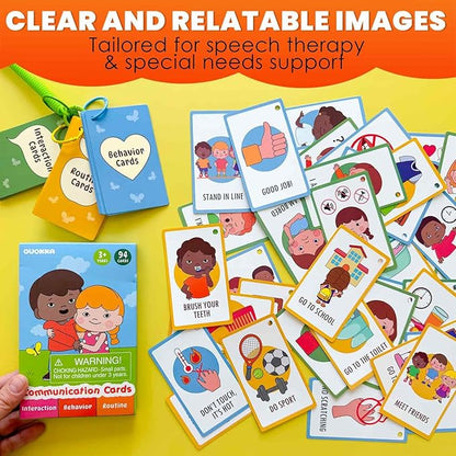 QUOKKA Autism Learning Materials - 94 Communication Cards for Kids - Visual Cards for Non-Verbal Communication, Pictured Speech Therapy, Emotion & Routine Flashcards, Water-Resistant, 3 Rings & Clip