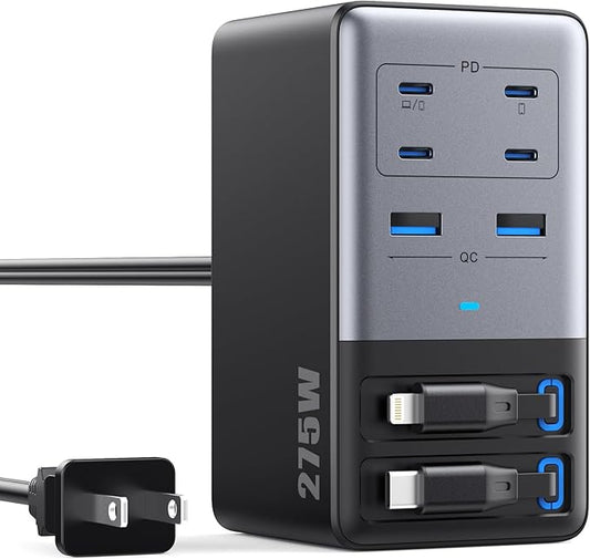 USB C Charger 275W Charging Station with Retractable Dual Cables,Upgraded 8-in-1 GaN IV Fast Charging Hub Block+PD QC PPS 65W Laptop Adapter for MacBook Pro/Air,iPad,iPhone 17/Pro,Galaxy S24,Dell etc