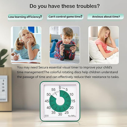 Secura 60 Minute Essential Visual Timer for Kids, Countdown Clock Timer for Special Education, Classroom, School, Desk, Home, Office, Silent Non-Ticking Time Management Tool (Dark Green & Dark Green)
