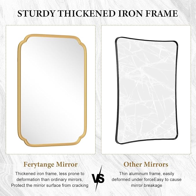 30"x48" Gold Bathroom Mirror for Wall, Large Brass Gold Bathroom Vanity Mirror for Over Sink, Rounded Rectangle Mirror in Premium Iron Metal Frame Hangs Horizontal Or Vertical