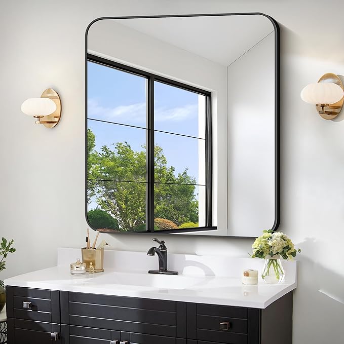 FORBATH Bathroom Mirror 36x40 Inch, Large Rectangular Wall Mirror with Black Aluminum Frame, Rounded Corners, Horizontal or Vertical Mount for Bathroom, Bedroom, Entryway