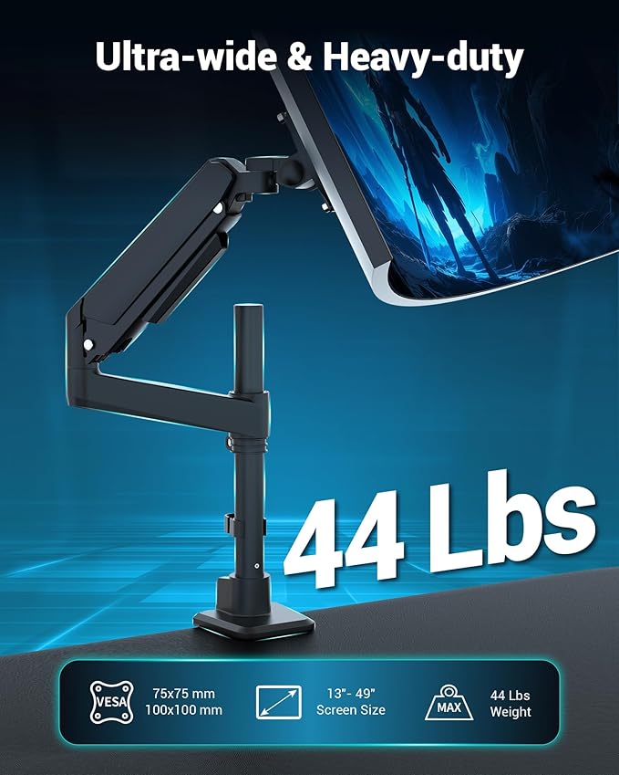 Heavy Duty Monitor Arm for 13-49 Inch Ultrawide Screens, Holds Up to 44lbs, Fully Adjustable Single Monitor Mount, with Clamp & Grommet Base, 75/100mm VESA Desk Mount, Black